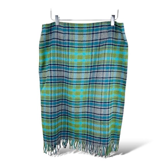 J. Jill Skirt Plaid Wool Blend Wrap Fringe Gray Green Blue Fall Womens 16 - Picture 3 of 13